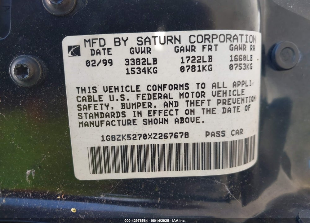 1999 SATURN SL2 VIN: 1G8ZK5270XZ267678