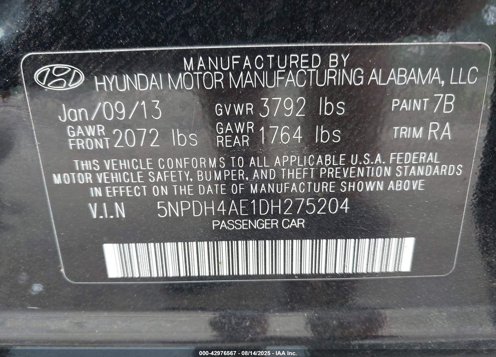2013 HYUNDAI ELANTRA GLS VIN: 5NPDH4AE1DH275204
