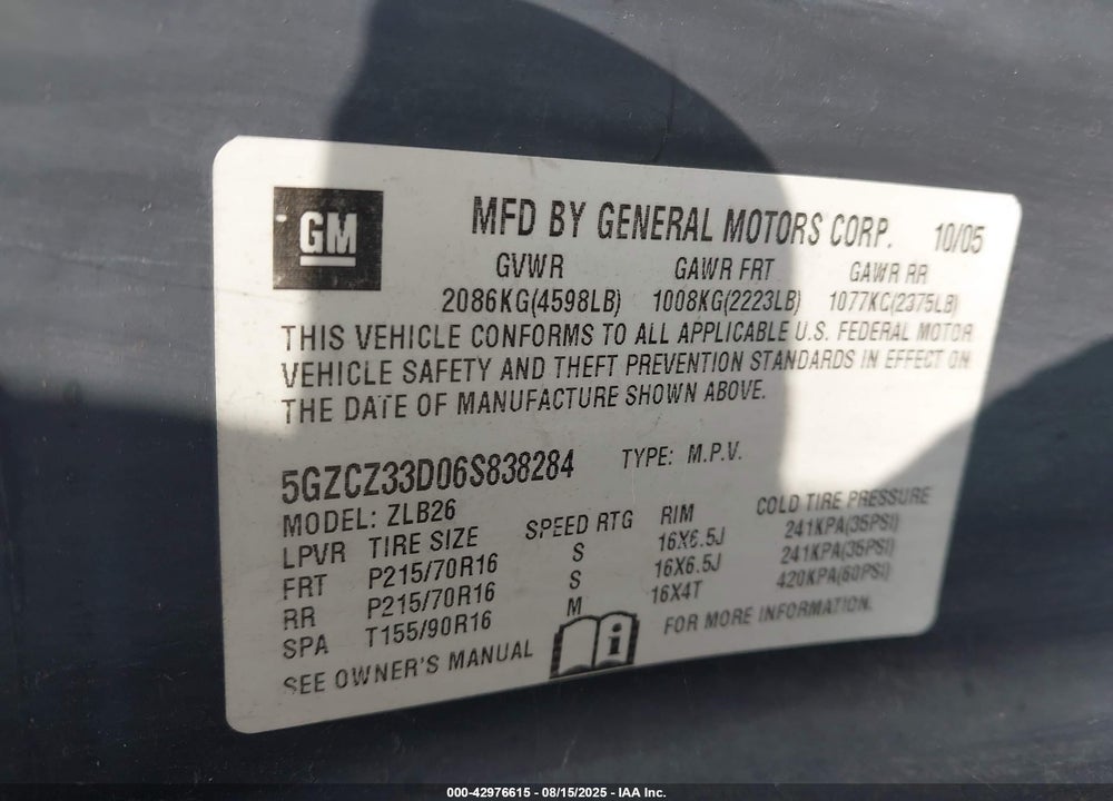 2006 SATURN VUE VIN: 5GZCZ33D06S838284