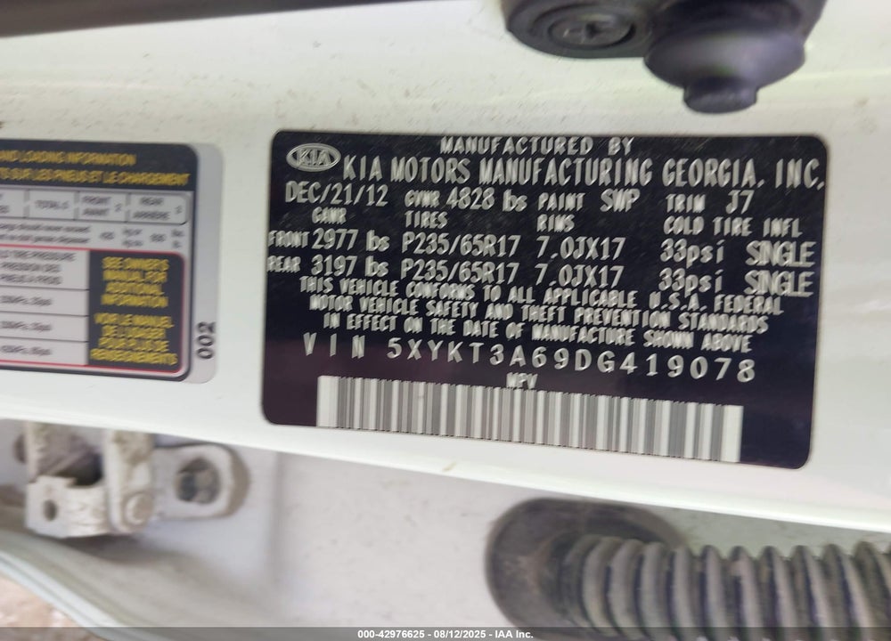 2013 KIA SORENTO VIN: 5XYKT3A69DG419078