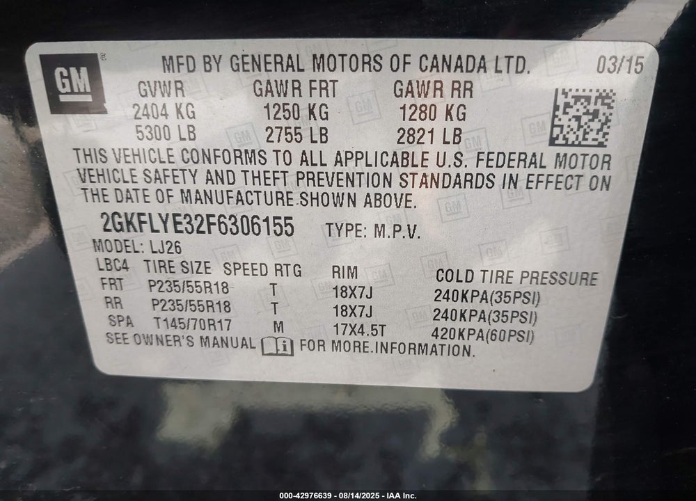 2015 GMC TERRAIN SLT-2 VIN: 2GKFLYE32F6306155