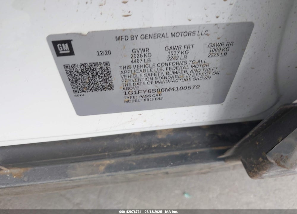 2021 CHEVROLET BOLT EV VIN: 1G1FY6S06M4100579