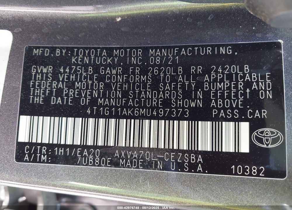 2021 TOYOTA CAMRY VIN: 4T1G11AK6MU497373