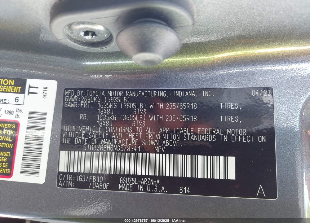 2022 TOYOTA HIGHLANDER LE VIN: 5TDBZRBH6NS578341