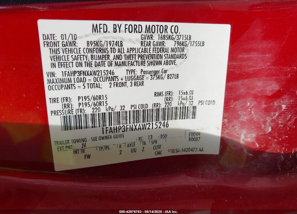 2010 FORD FOCUS VIN: 1FAHP3FNXAW215246