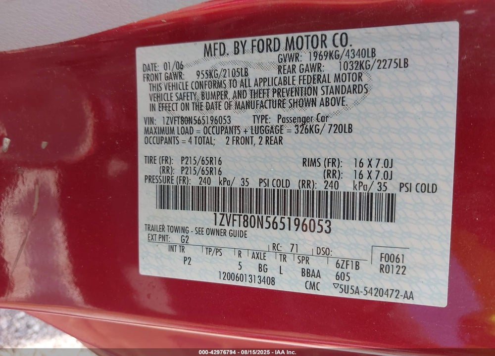 2006 FORD MUSTANG V6 VIN: 1ZVFT80N565196053