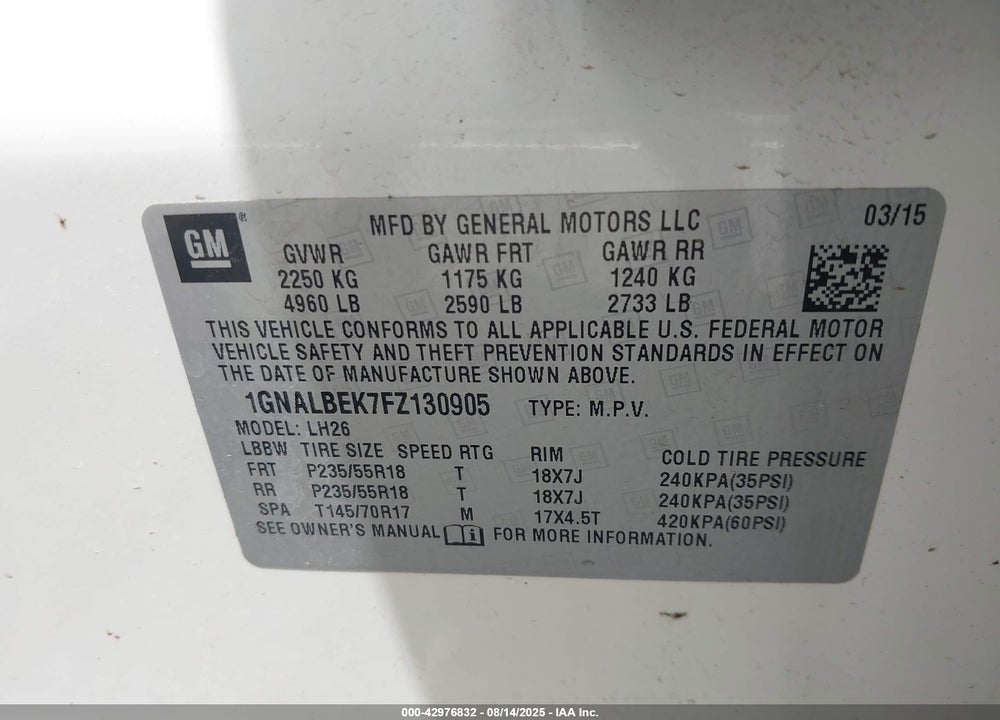 2015 CHEVROLET EQUINOX VIN: 1GNALBEK7FZ130905