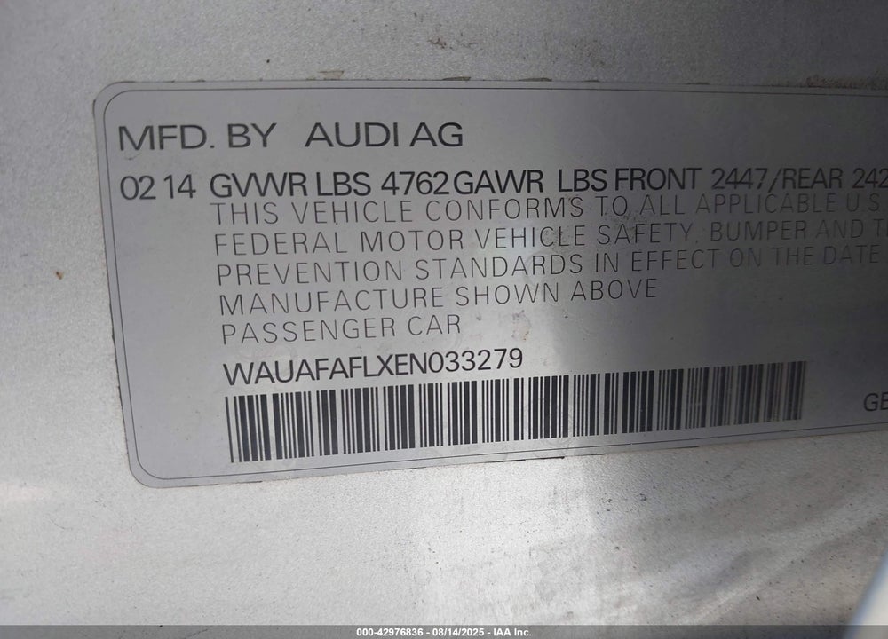 2014 AUDI A4 2.0T PREMIUM VIN: WAUAFAFLXEN033279