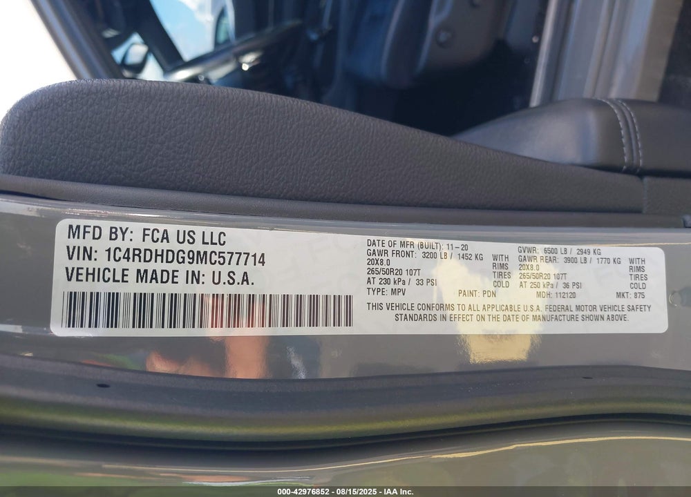 2021 DODGE DURANGO VIN: 1C4RDHDG9MC577714