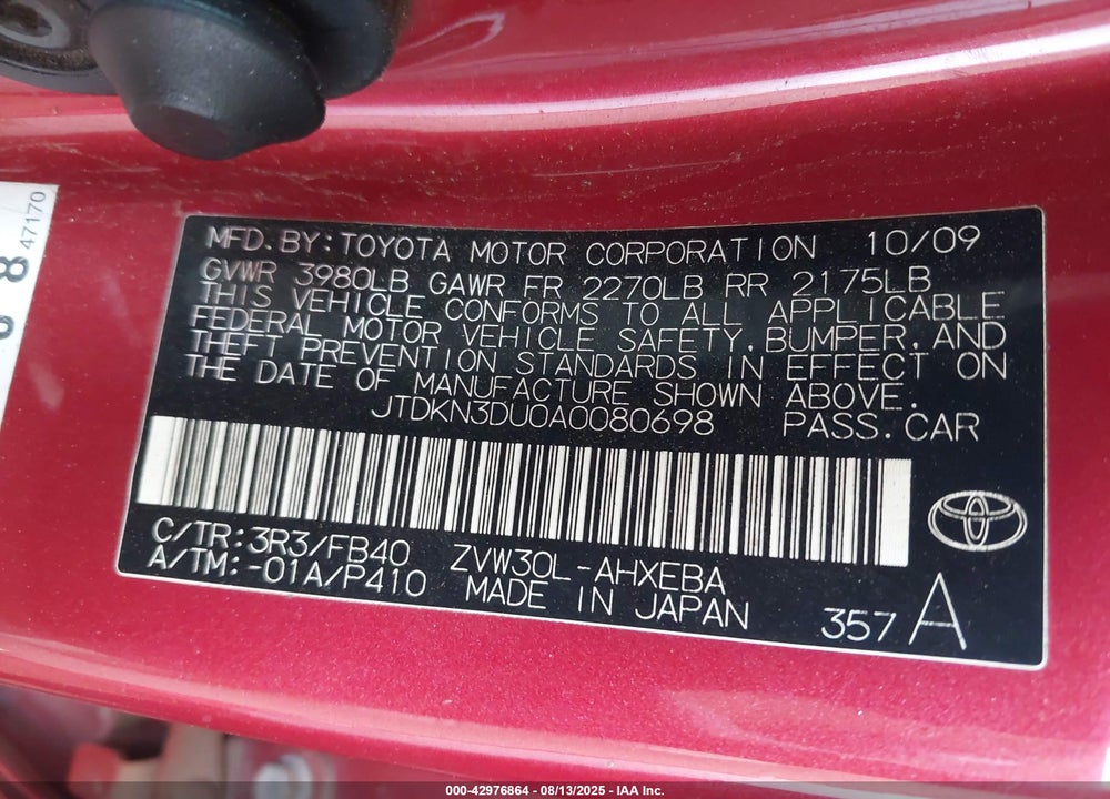 2010 TOYOTA PRIUS VIN: JTDKN3DU0A0080698