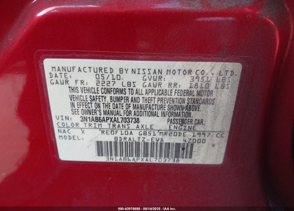 2010 NISSAN SENTRA VIN: 3N1AB6APXAL703738