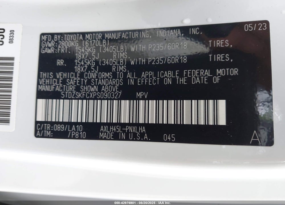 2023 TOYOTA SIENNA LIMITED VIN: 5TDZSKFCXPS090327