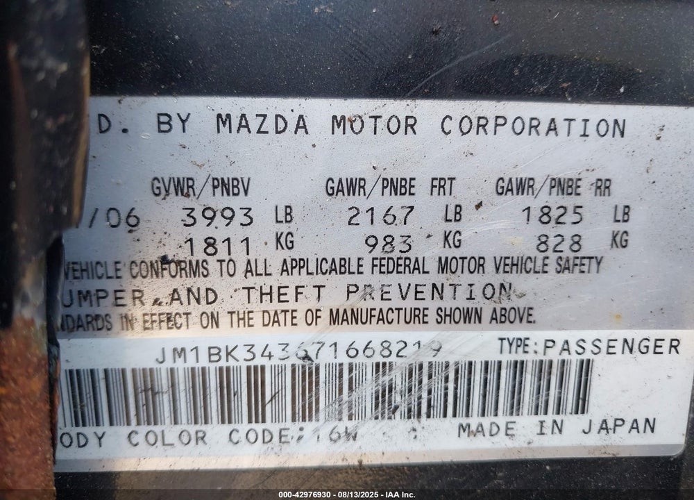 2007 MAZDA 3 S GRAND TOURING VIN: JM1BK343671668219