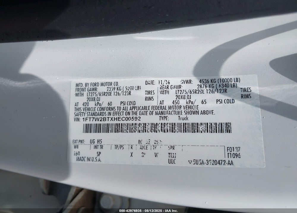 2017 FORD F-250 VIN: 1FT7W2BTXHEC00592