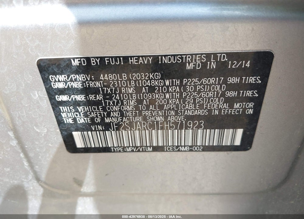 2015 SUBARU FORESTER VIN: JF2SJARC1FH571923