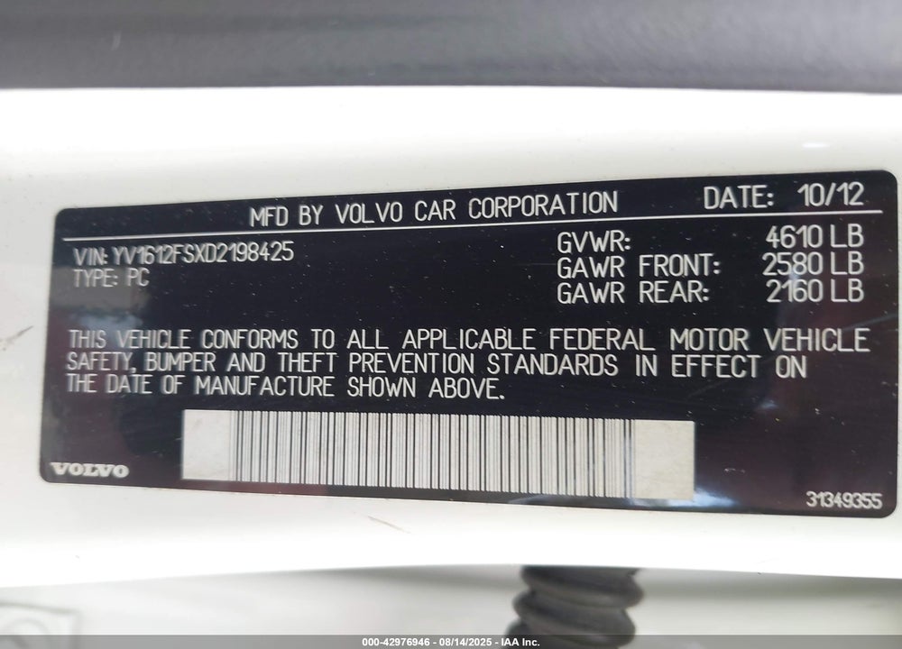 2013 VOLVO S60 VIN: YV1612FSXD2198425