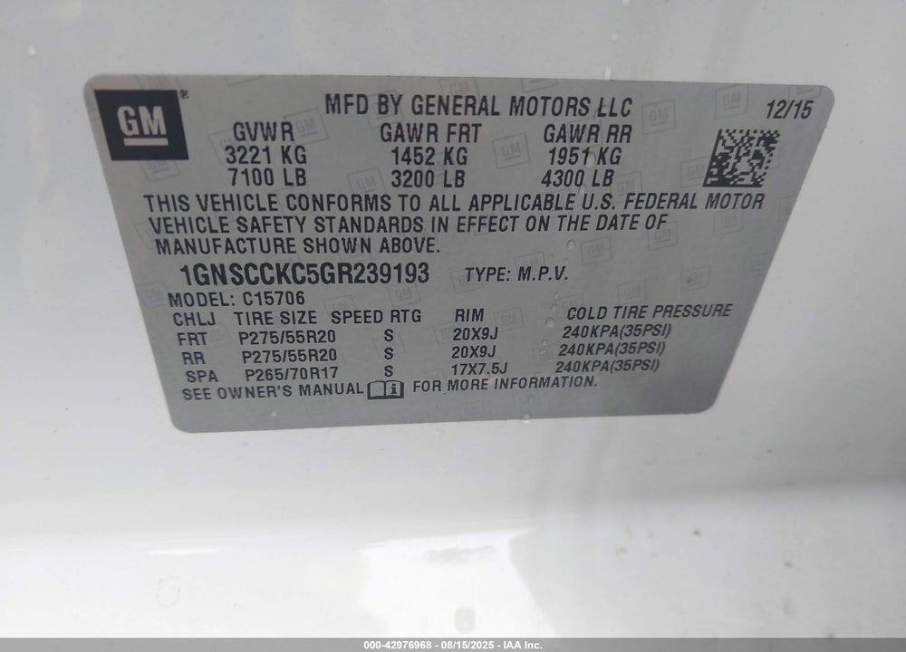 2016 CHEVROLET TAHOE LTZ VIN: 1GNSCCKC5GR239193