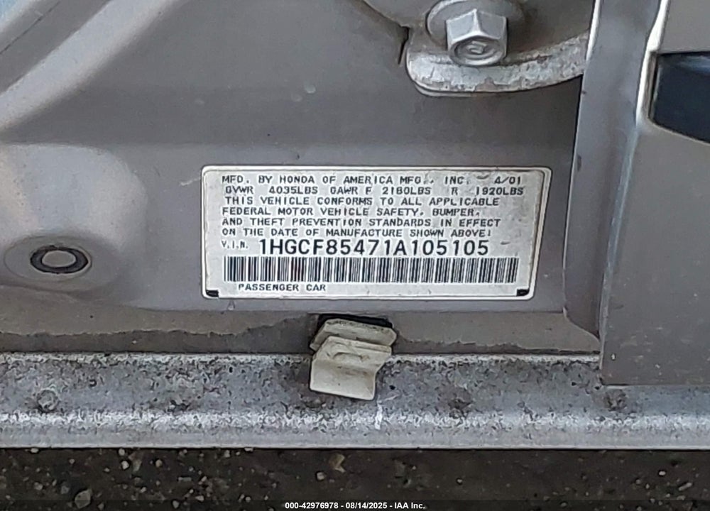 2001 HONDA ACCORD 2.3 DX VIN: 1HGCF85471A105105