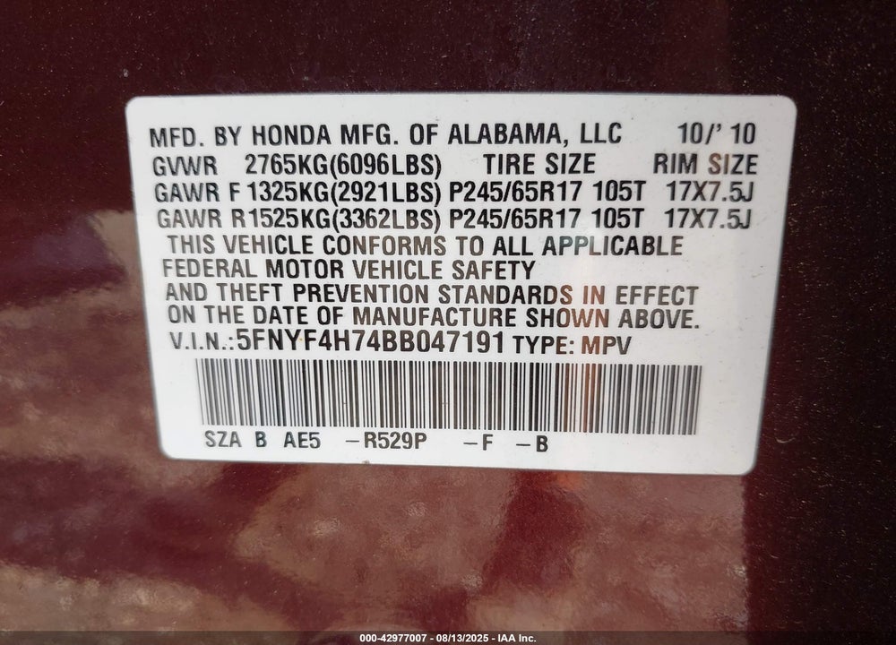 2011 HONDA PILOT VIN: 5FNYF4H74BB047191