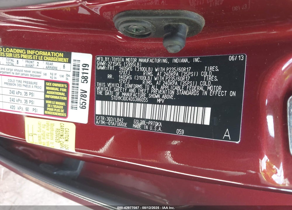 2013 TOYOTA SIENNA XLE V6 8 PASSENGER VIN: 5TDYK3DC4DS386055