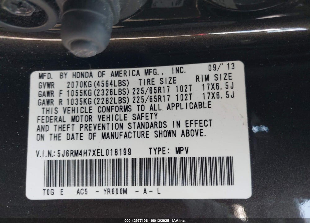2014 HONDA CR-V VIN: 5J6RM4H7XEL018199