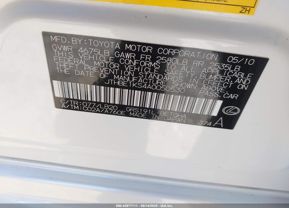 2010 LEXUS GS 350 VIN: JTHBE1KS4A0050530