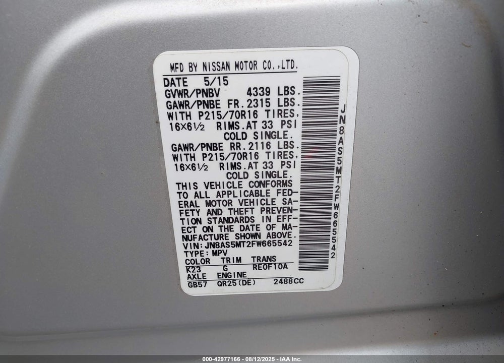2015 NISSAN ROGUE VIN: JN8AS5MT2FW665542