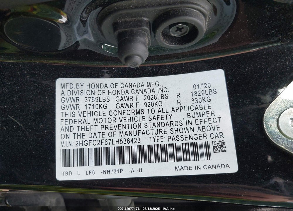 2020 HONDA CIVIC VIN: 2HGFC2F67LH536423