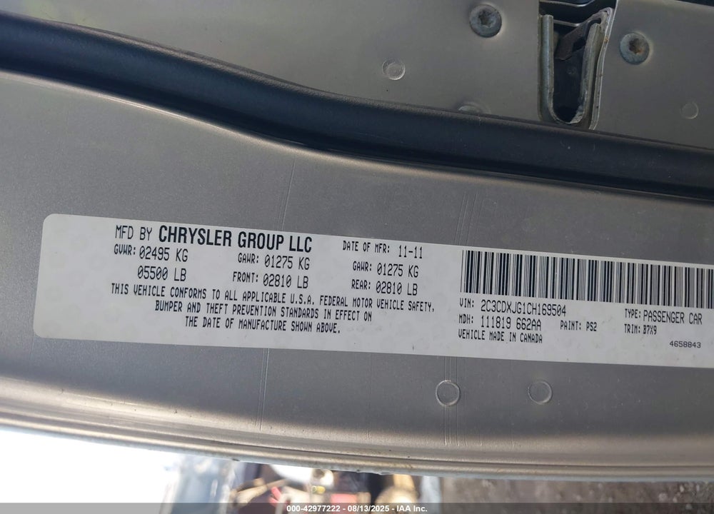 2012 DODGE CHARGER VIN: 2C3CDXJG1CH169504