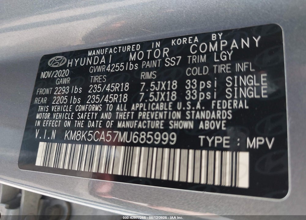 2021 HYUNDAI KONA VIN: KM8K5CA57MU685999