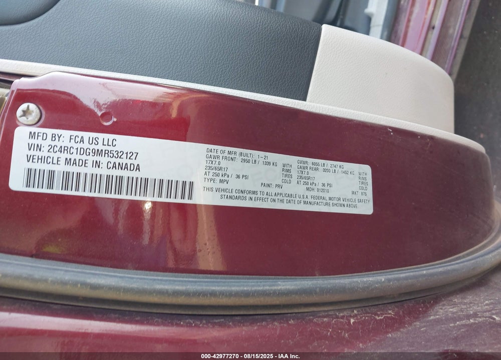 2021 CHRYSLER VOYAGER LXI VIN: 2C4RC1DG9MR532127