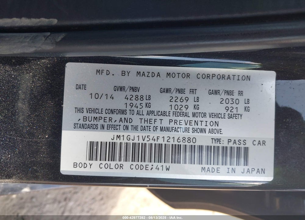 2015 MAZDA 6 VIN: JM1GJ1V54F1216880