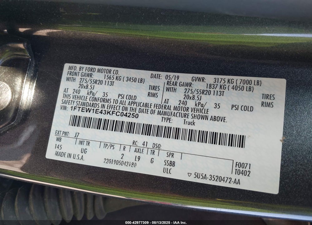 2019 FORD F-150 XLT VIN: 1FTEW1E43KFC04250