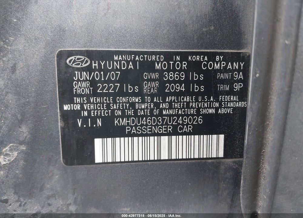 2007 HYUNDAI ELANTRA GLS/LIMITED/SE VIN: KMHDU46D37U249026