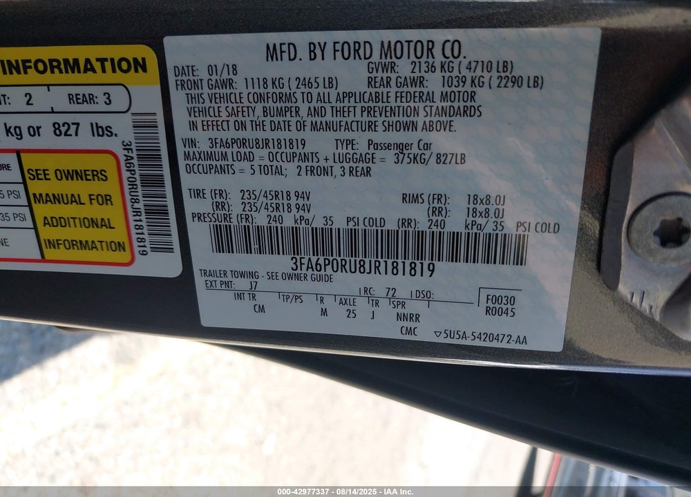 2018 FORD FUSION VIN: 3FA6P0RU8JR181819
