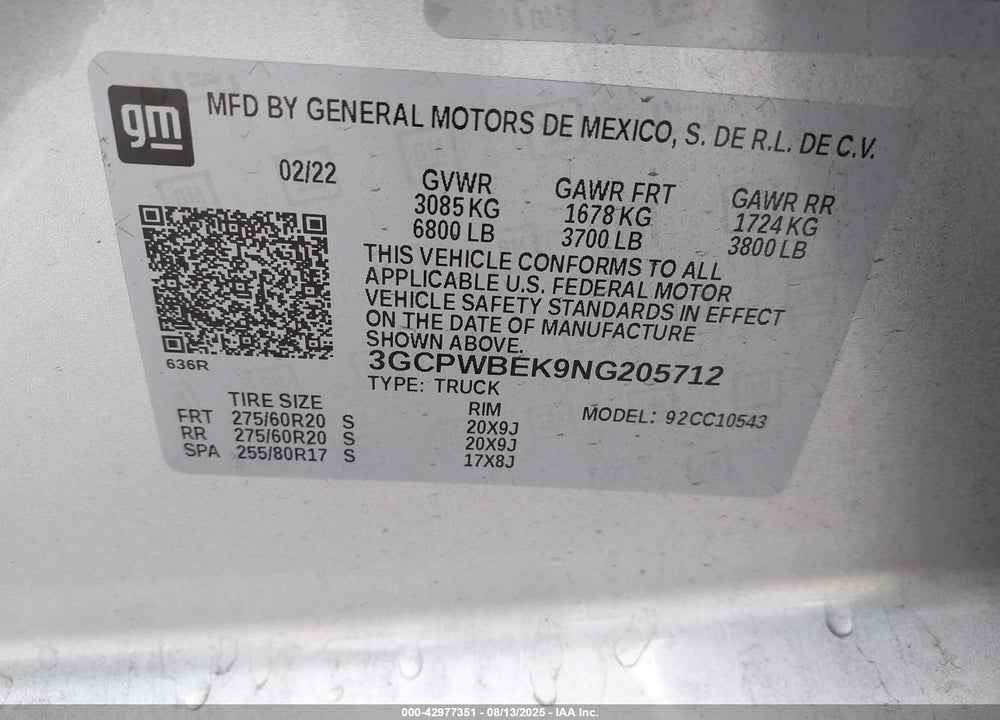 2022 CHEVROLET SILVERADO 1500 VIN: 3GCPWBEK9NG205712