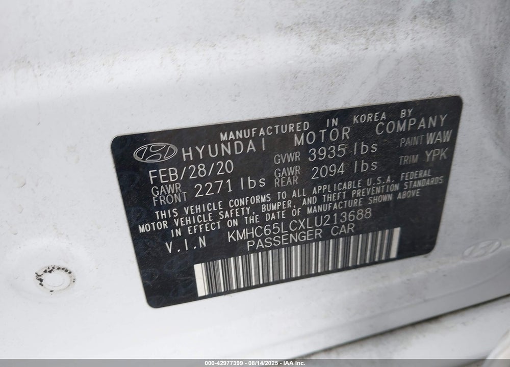 2020 HYUNDAI IONIQ HYBRID VIN: KMHC65LCXLU213688
