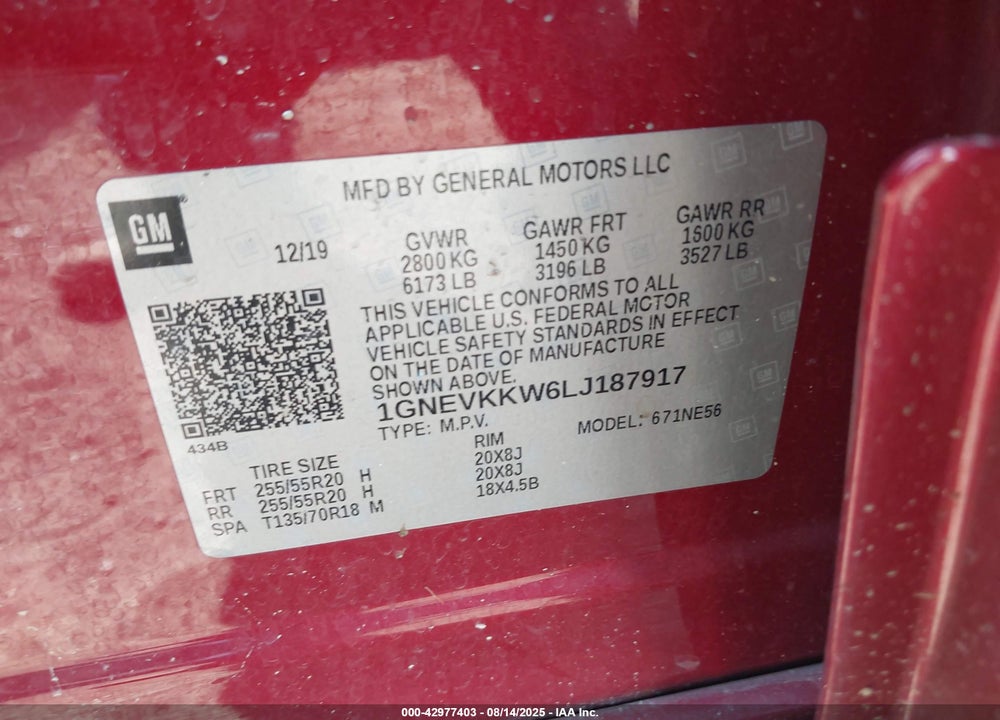 2020 CHEVROLET TRAVERSE VIN: 1GNEVKKW6LJ187917
