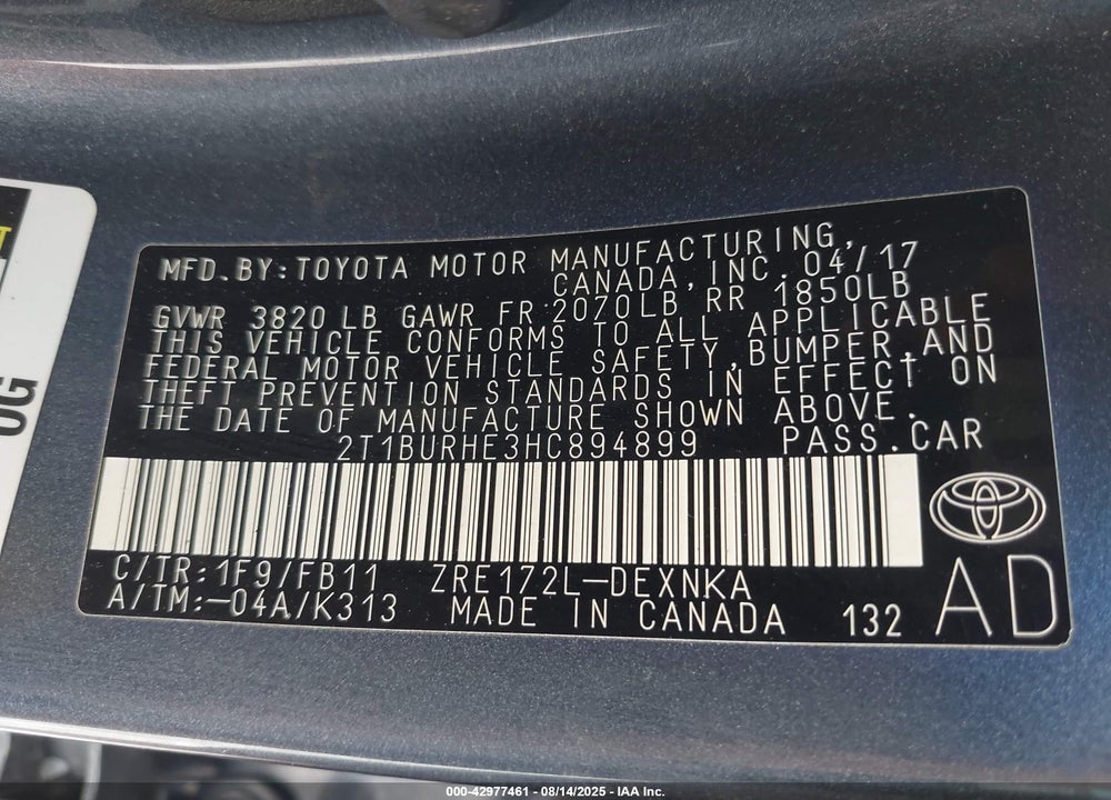 2017 TOYOTA COROLLA VIN: 2T1BURHE3HC894899