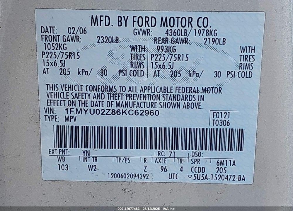 2006 FORD ESCAPE XLS/XLS MANUAL VIN: 1FMYU02Z86KC62960