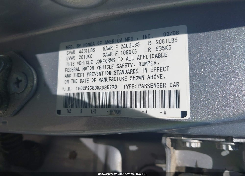 2008 HONDA ACCORD 2.4 EX-L VIN: 1HGCP26808A095670