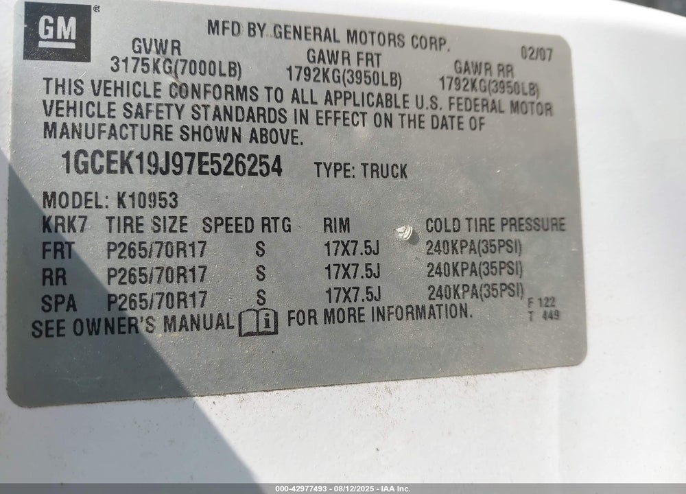 2007 CHEVROLET SILVERADO 1500 LT1 VIN: 1GCEK19J97E526254