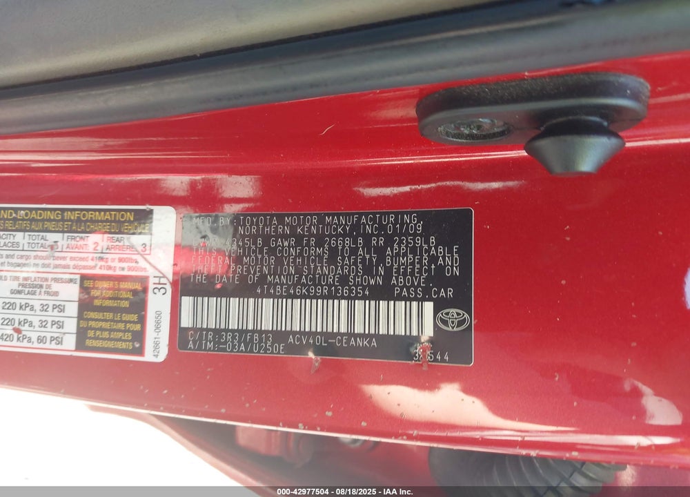 2009 TOYOTA CAMRY VIN: 4T4BE46K99R136354