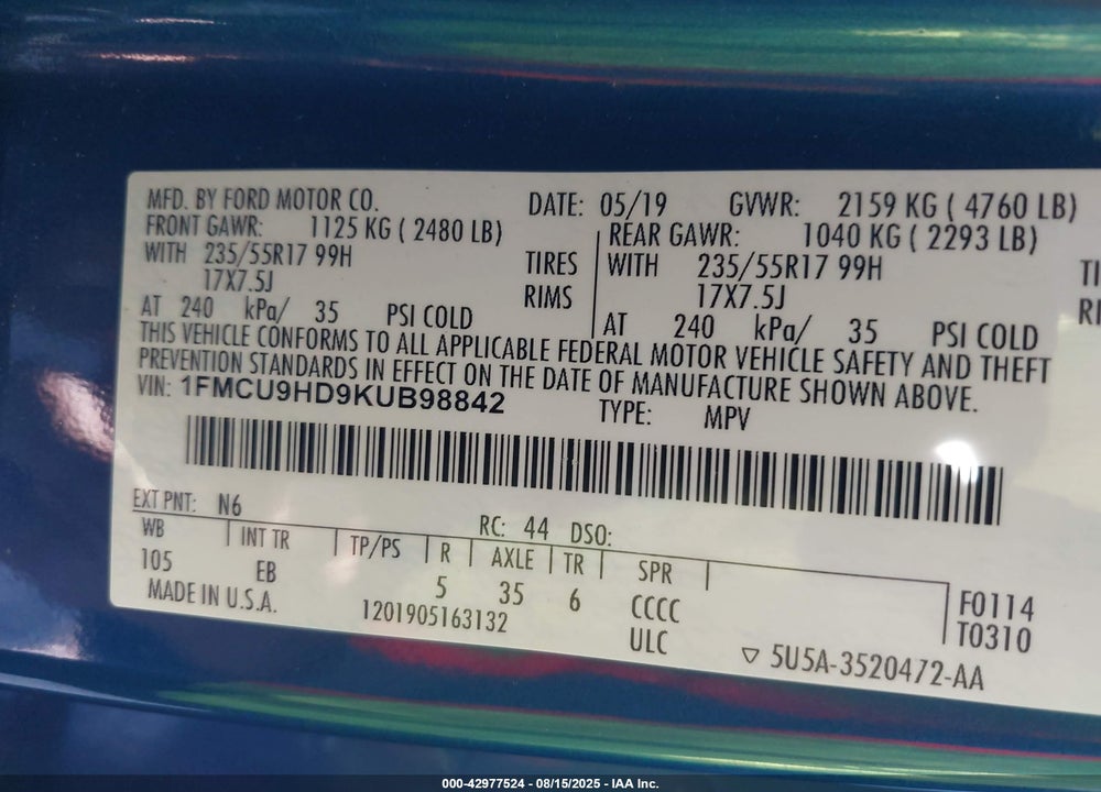 2019 FORD ESCAPE VIN: 1FMCU9HD9KUB98842
