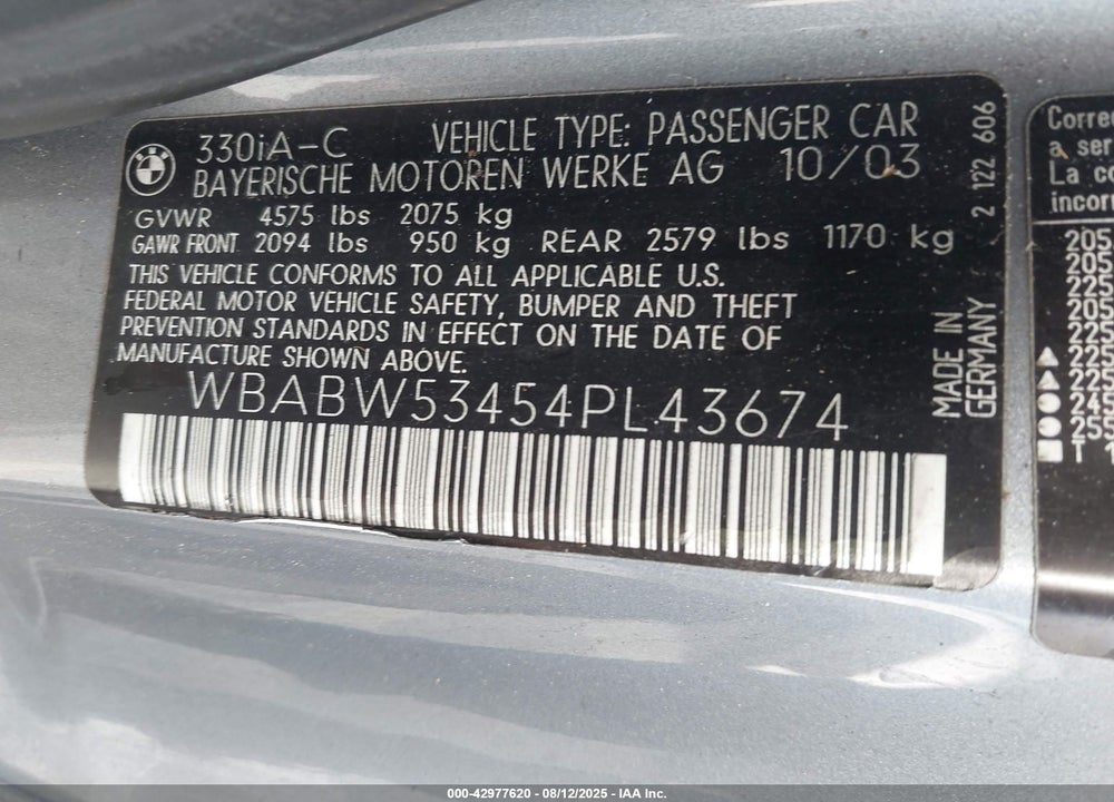 2004 BMW 330CI VIN: WBABW53454PL43674