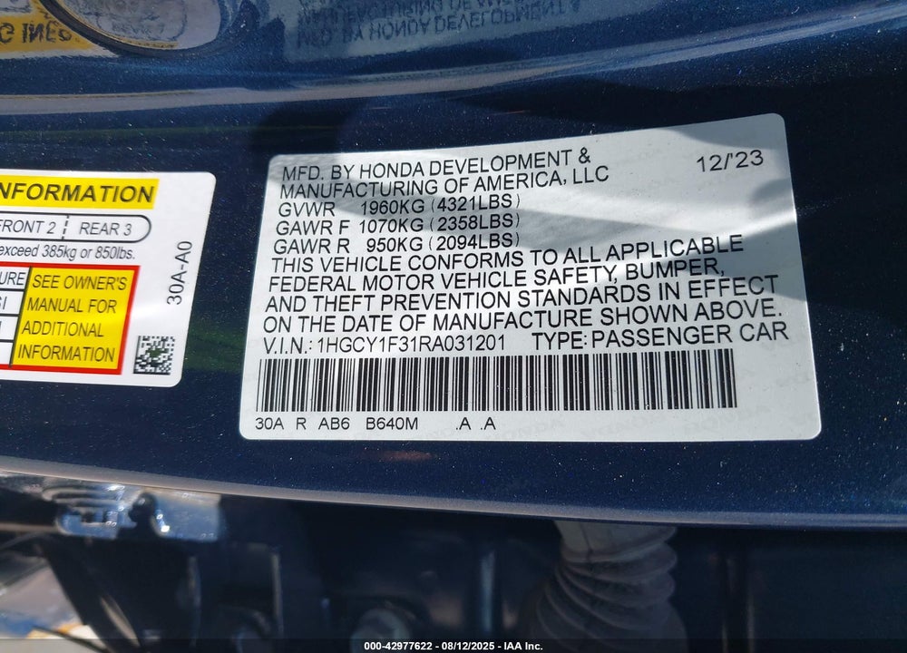 2024 HONDA ACCORD VIN: 1HGCY1F31RA031201