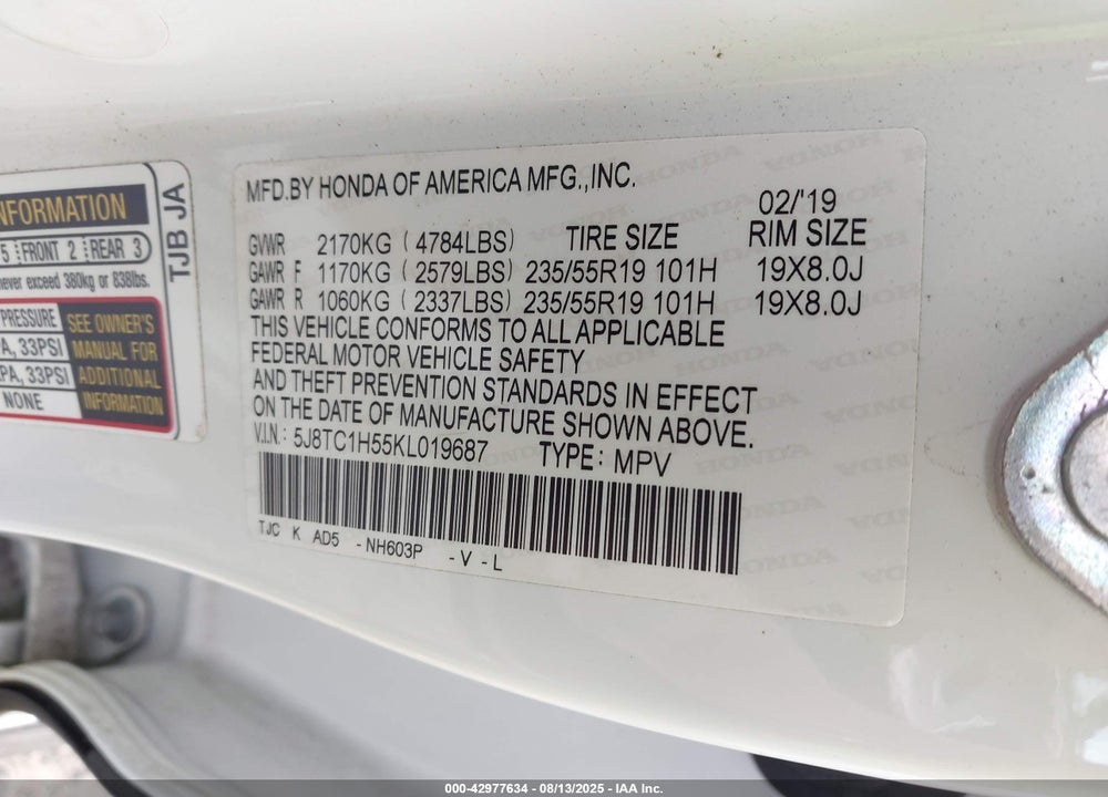 2019 ACURA RDX VIN: 5J8TC1H55KL019687