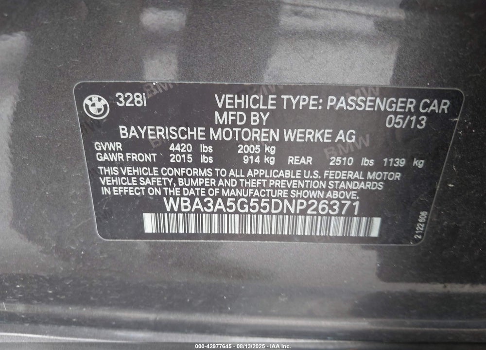 2013 BMW 3 SERIES VIN: WBA3A5G55DNP26371
