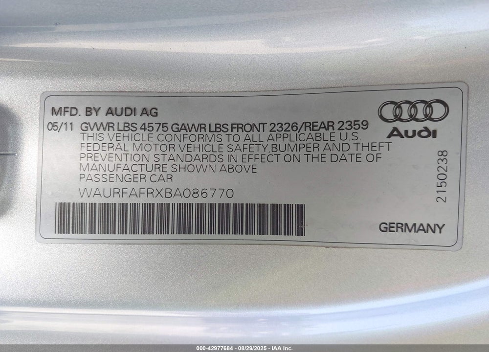 2011 AUDI A5 VIN: WAURFAFRXBA086770
