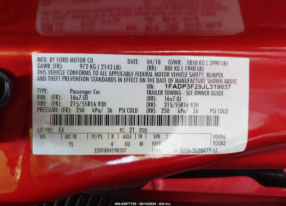 2018 FORD FOCUS VIN: 1FADP3F29JL319037